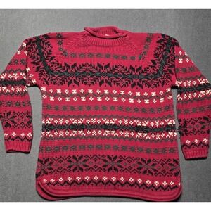 Eddie Bauer Fair Isle Sweater‎ Womens Medium Red Black Winter Holiday Pullover